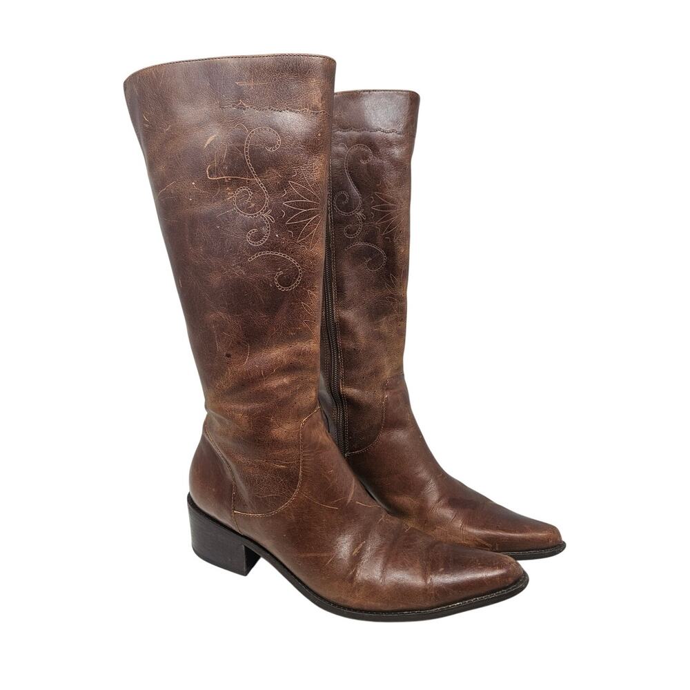Vintage Matisse 8 Brown Leather Stitched Boot Western Boho Zip Up Flower - Picture 1 of 9